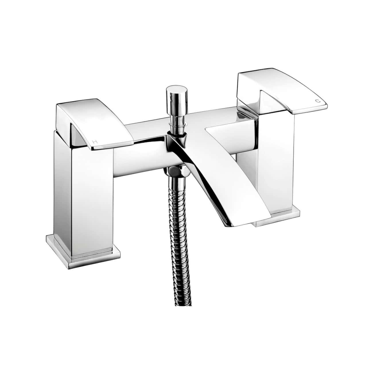 Shiny chrome bathroom tap with dual handles and flexible hose, ideal for modern bathtubs and washbasins, showcasing sleek and contemporary bathroom design.