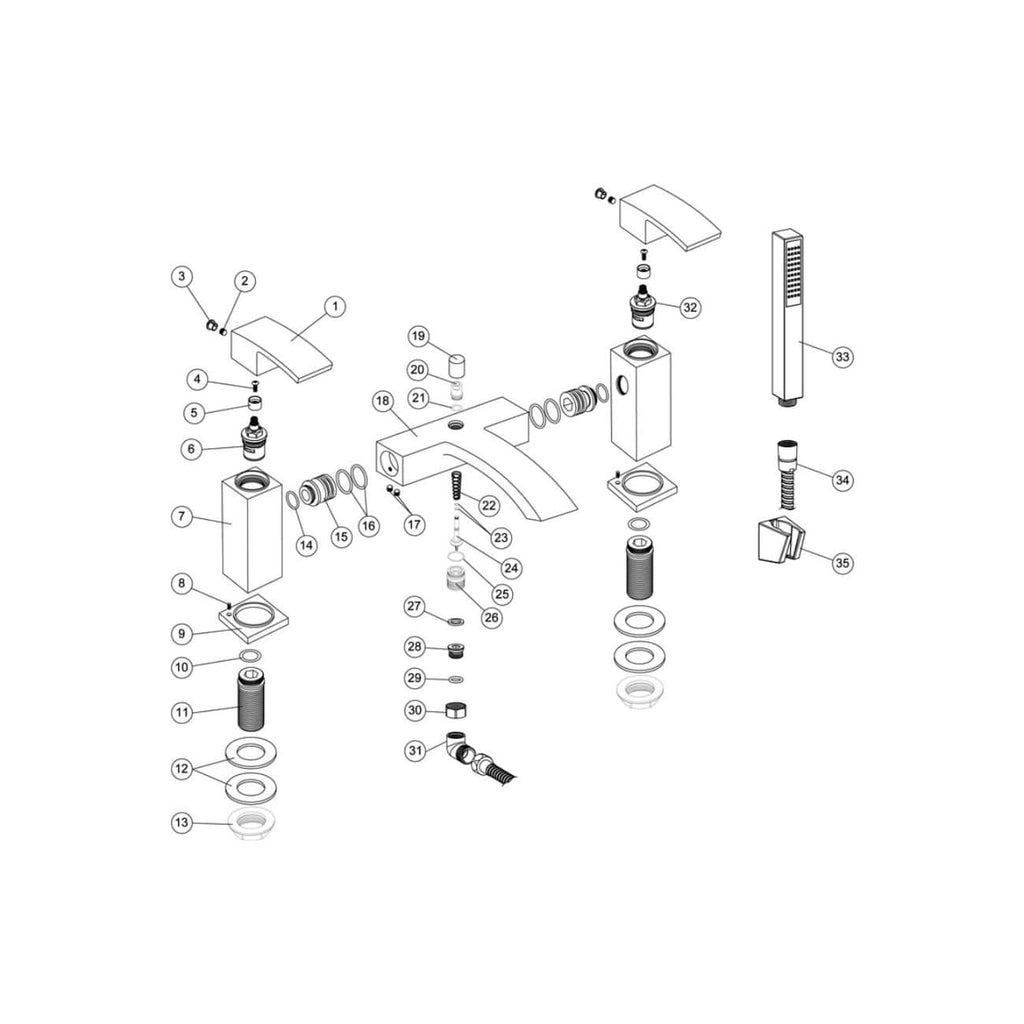 Modern Bubly Bathrooms faucet and sink assembly exploded view showcasing installation components, including handles, mounting hardware, washers, and cartridge for streamlined bathroom sink setup.