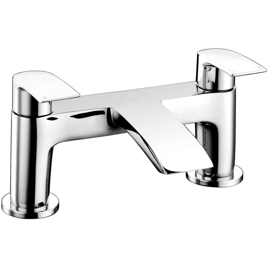 Chrome bathroom mixer tap with dual handles, designed for modern bathroom or basin installation, featuring sleek, contemporary styling and easy temperature control.