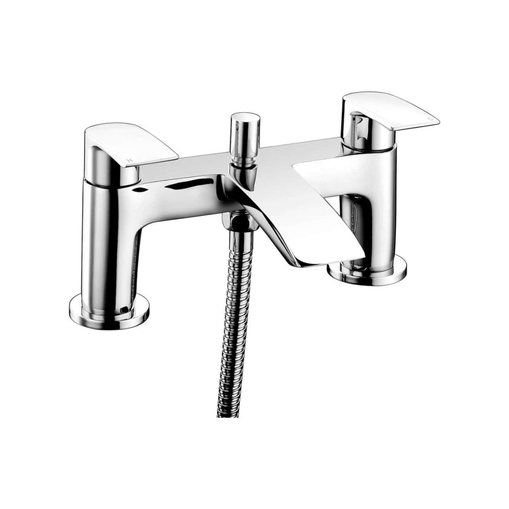 Chrome bathroom mixer tap with dual handles and attached shower hose, modern plumbing fixture for bathtubs and sinks. Sleek, polished design suitable for contemporary bathroom decor.