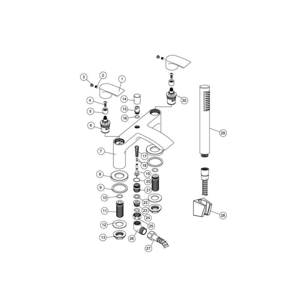 Flexible bathroom tap repair parts diagram, showing installation and maintenance components for modern bathroom fixtures, including handles, cartridges, and seals.