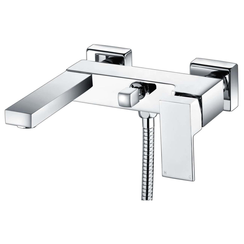 Chrome bathroom faucet with separate hot and cold controls for modern bathtub or shower, sleek design, durable construction.