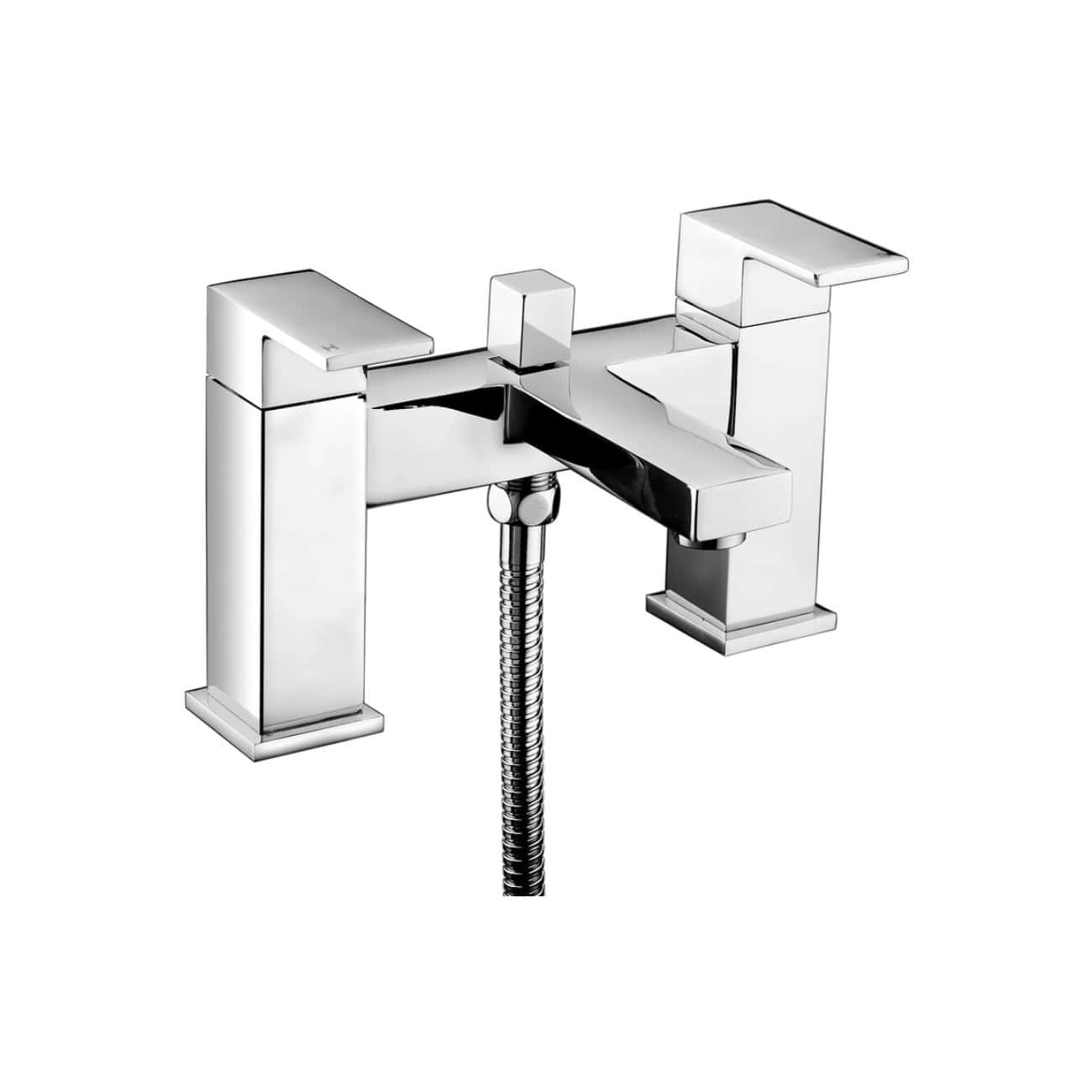 Polished chrome bathtub filler tap with modern angular design, mounted on a white background. Suitable for luxurious bathroom renovations and high-end bathroom fixtures.