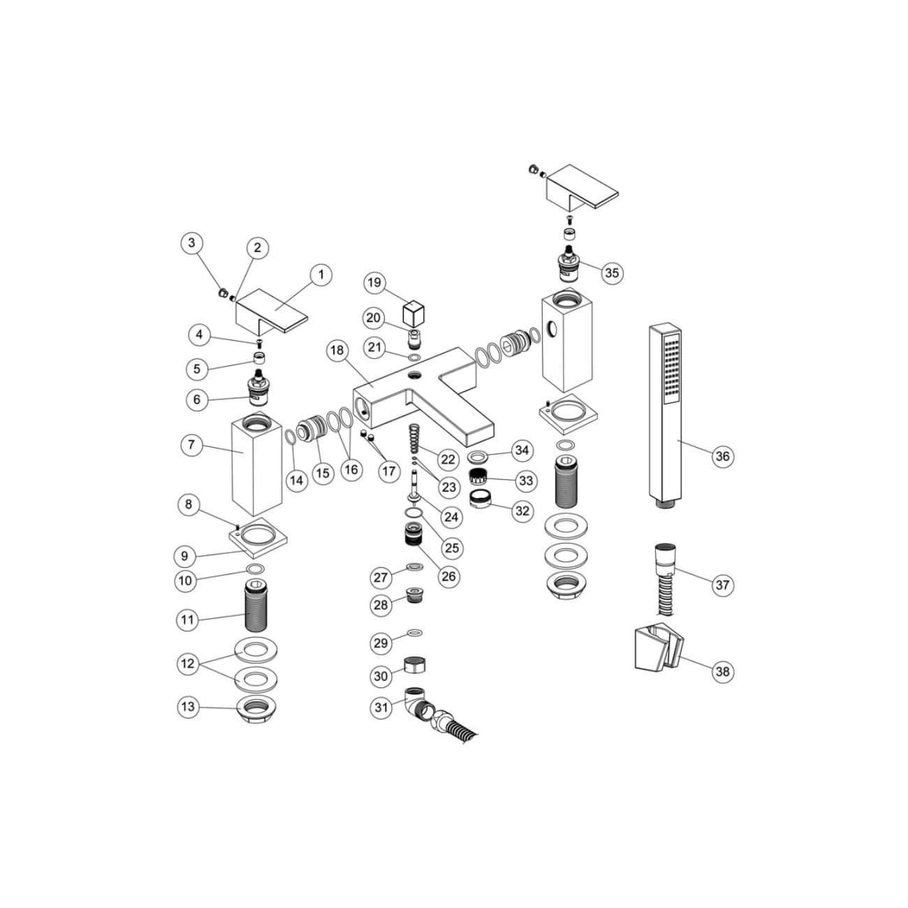 High-quality bathroom fixture schematic diagram showcasing detailed parts assembly for Bubly Bathrooms, featuring modern taps, shower components, and plumbing elements for optimal bathroom renovation and plumbing solutions.