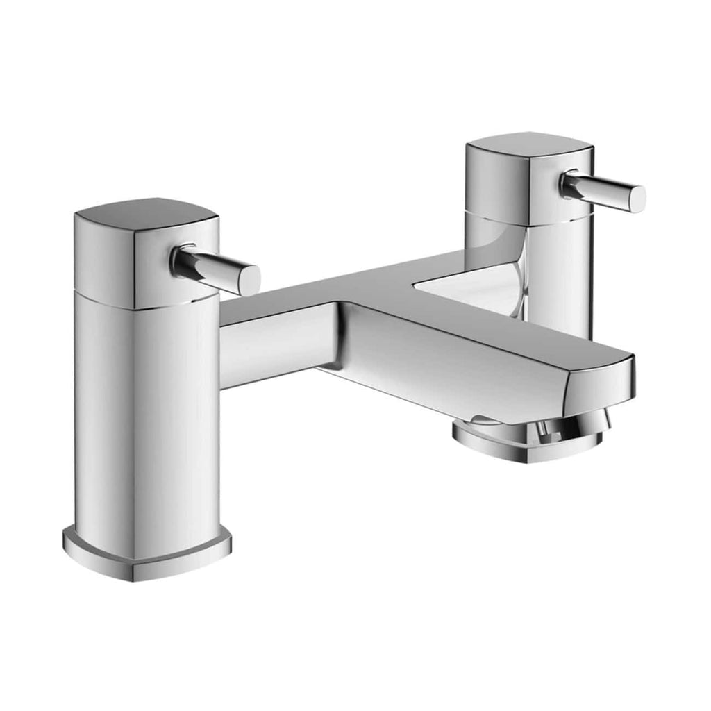 Contemporary chrome bathroom mixer tap with dual handles and sleek design, ideal for modern bathroom sinks or washbasins. Perfect for stylish and functional bathroom renovation projects.