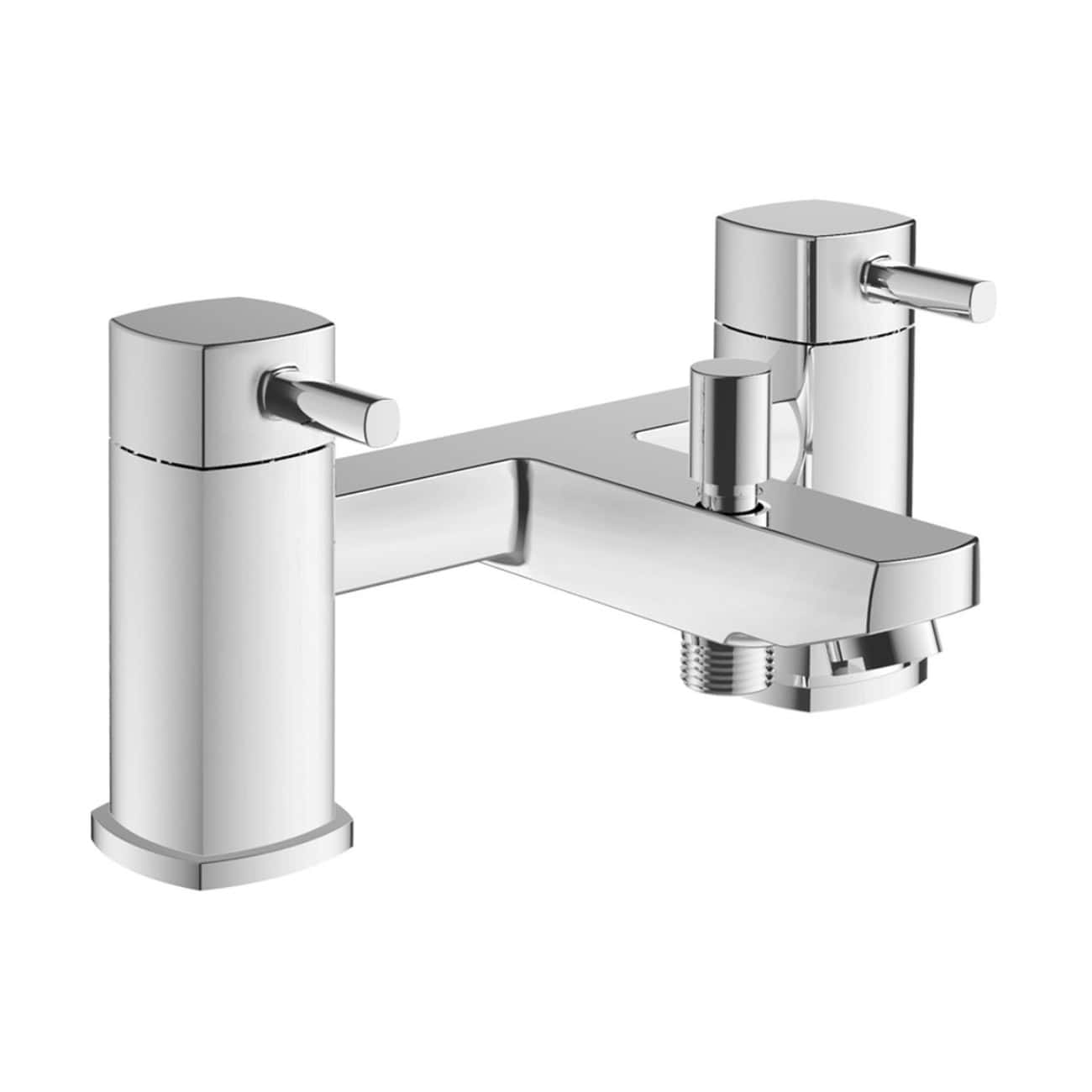 Modern chrome kitchen tap with dual handles for hot and cold water, designed for durability and style at Bubly Bathrooms UK.
