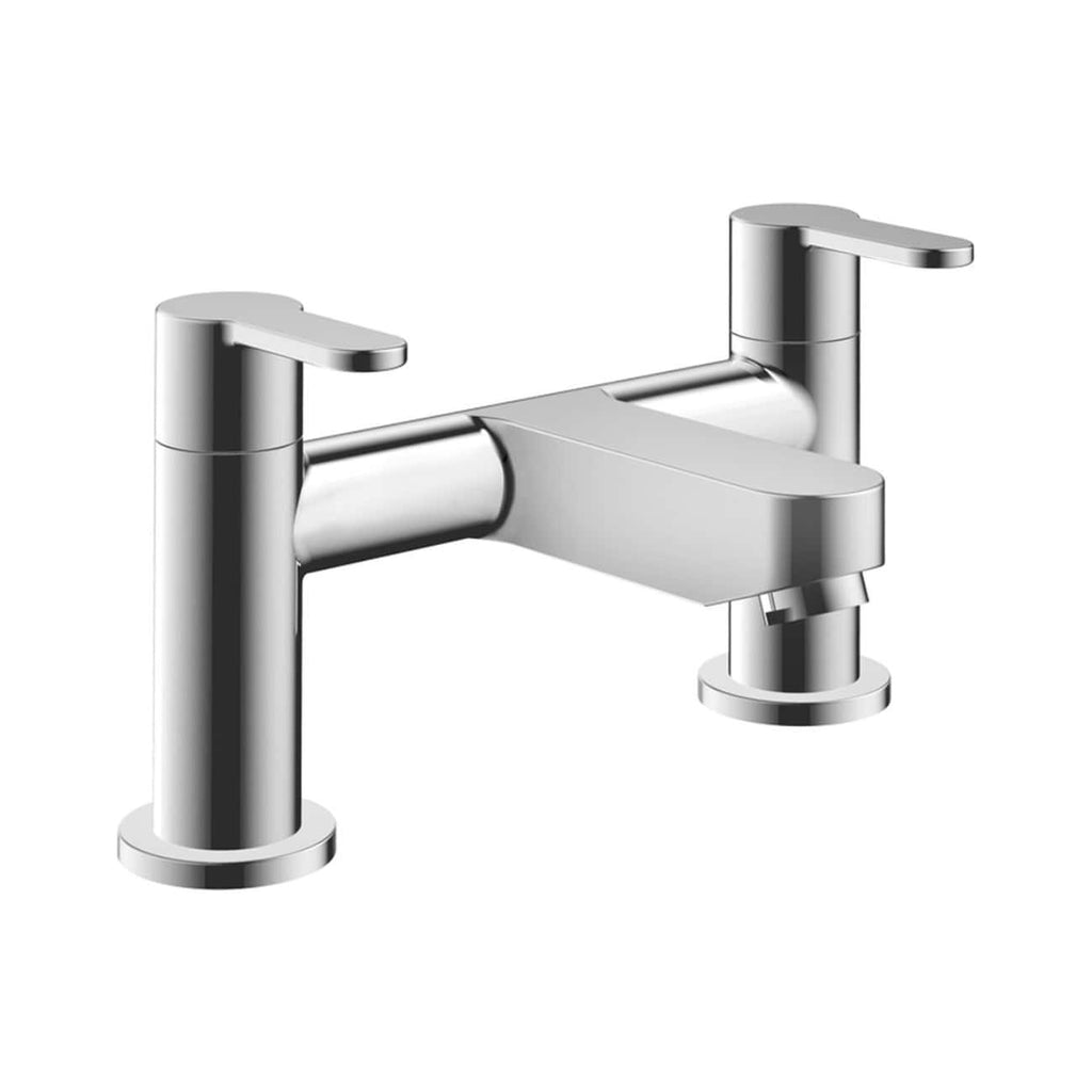 Chrome bathroom mixer tap with dual handles, modern design, suitable for contemporary baths and sinks. Perfect for upgrading bathroom fixtures with sleek, high-quality chrome finish.