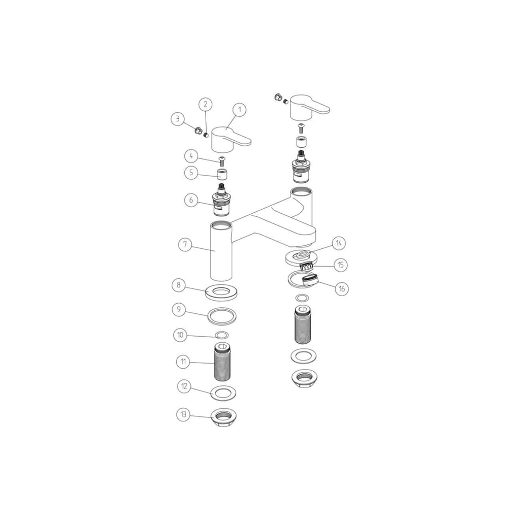 UN assembly diagram of a modern bathroom faucet featuring detailed parts for installation and repair. Clear technical illustration highlighting key components like handles, spout, and seal rings.