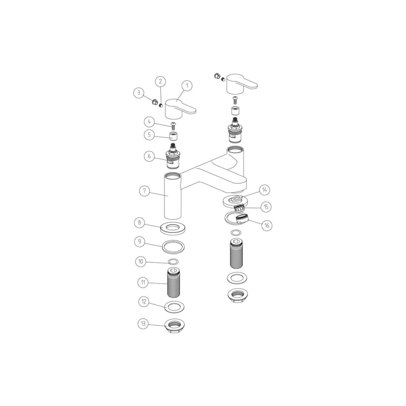 UN assembly diagram of a modern bathroom faucet featuring detailed parts for installation and repair. Clear technical illustration highlighting key components like handles, spout, and seal rings.