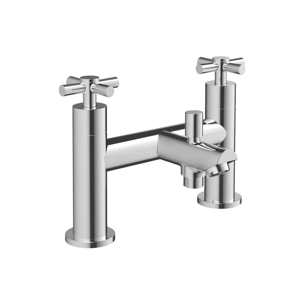 Chrome bathroom mixer tap with dual cross handles, modern design, suitable for stylish bathrooms and washbasins. Perfect for contemporary bathroom decor and easy to operate.