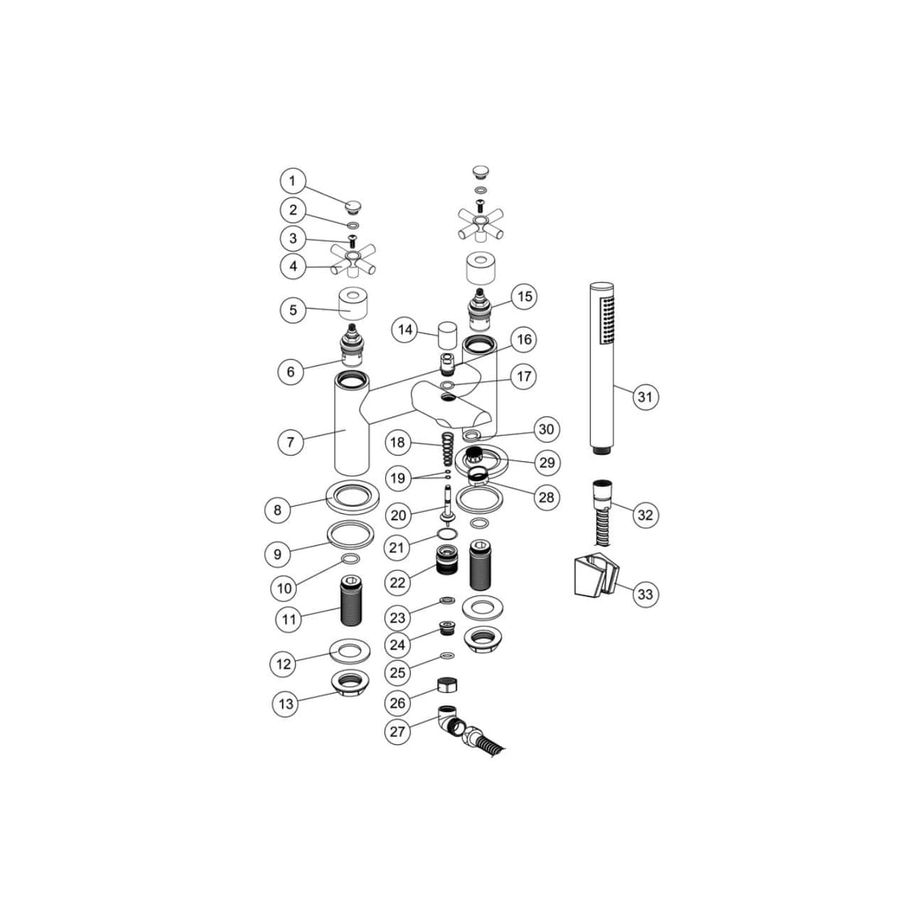 High-quality bathroom faucet parts and components diagram for Bubly Bathrooms. Precise schematic illustration of bathroom fixtures, valves, handles, and installation details for plumbing professionals.