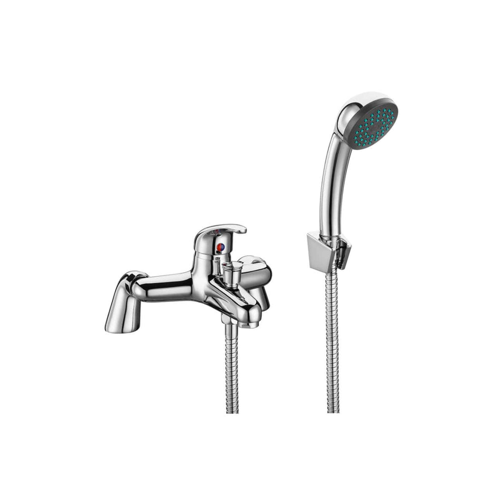 Chrome bathroom mixer tap with flexible shower hose and handheld showerhead, ideal for modern bathroom installations and easy to use.