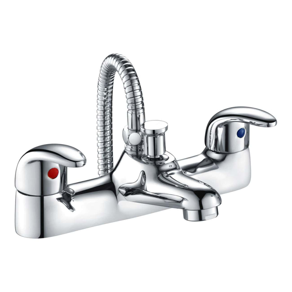 Shiny chrome kitchen tap with dual handles and a flexible spring spout, ideal for modern bathroom or kitchen installations. Durable and easy to operate.