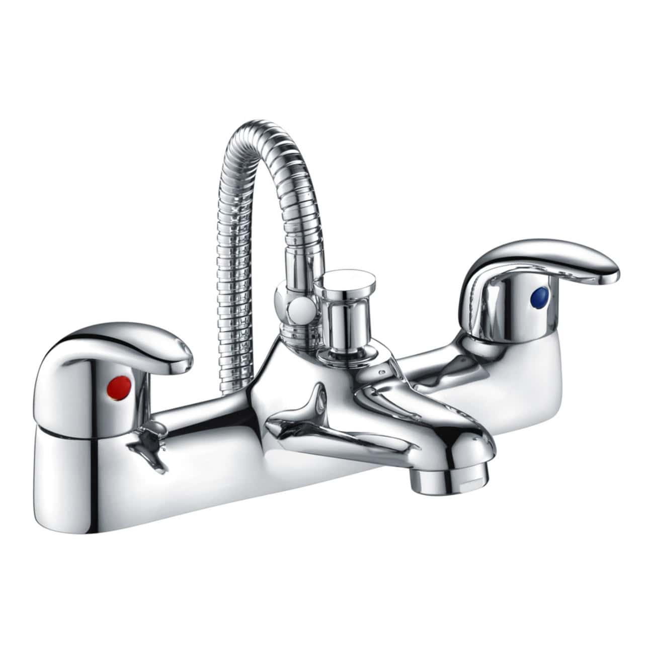 Shiny chrome kitchen tap with dual handles and a flexible spring spout, ideal for modern bathroom or kitchen installations. Durable and easy to operate.