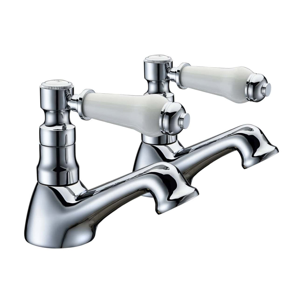 Shiny chrome bathroom faucet with ceramic handles, ideal for classic and modern bathroom designs. Durable and stylish fixture for easy water control in the bathroom sink.