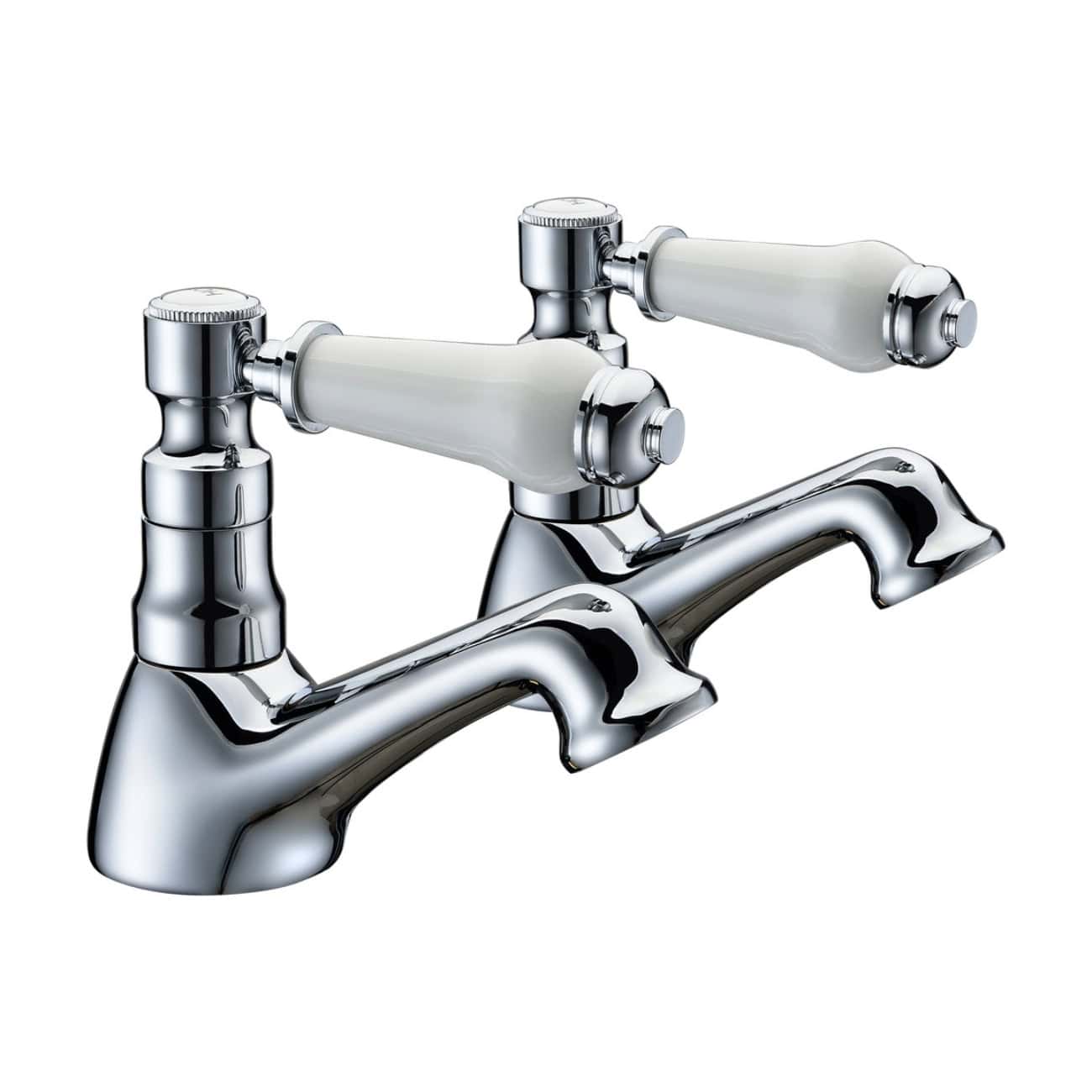 Shiny chrome bathroom faucet with ceramic handles, ideal for classic and modern bathroom designs. Durable and stylish fixture for easy water control in the bathroom sink.