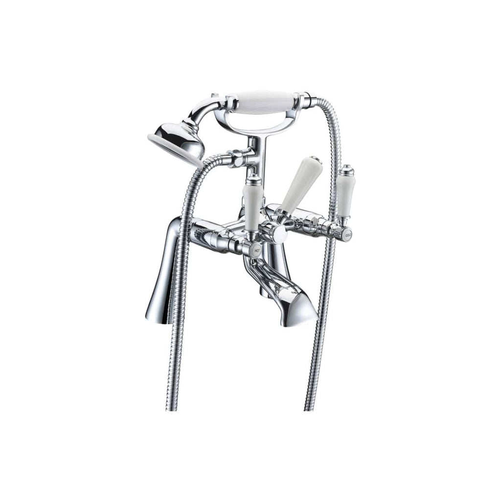 Polished chrome vintage-style bathtub filler and handheld shower on white background.