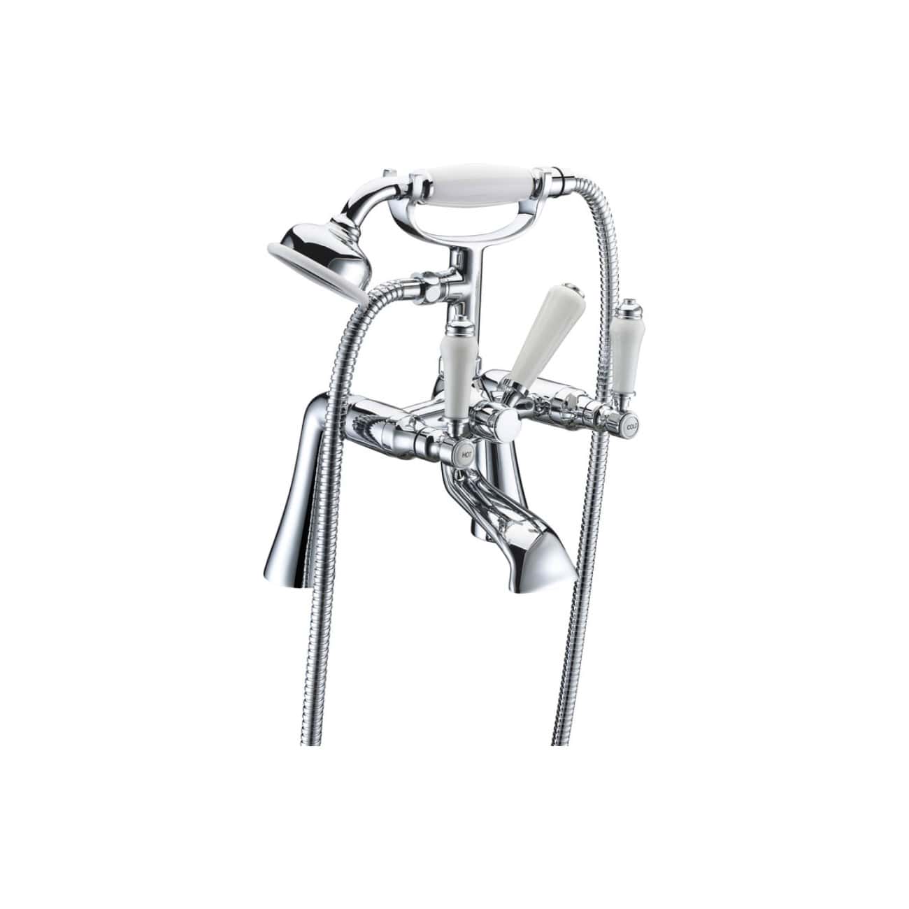 Polished chrome vintage-style bathtub filler and handheld shower on white background.