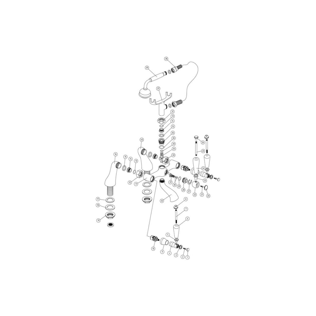 Diagram of bathroom faucet parts for repair and assembly, showcasing various components like handles, valves, and connectors for Bubly Bathrooms.