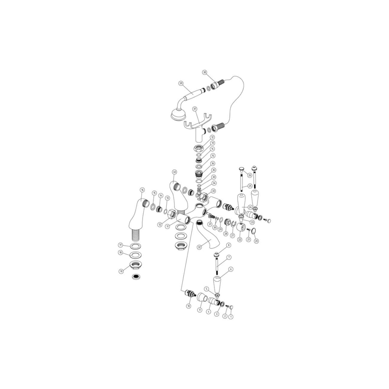 Diagram of bathroom faucet parts for repair and assembly, showcasing various components like handles, valves, and connectors for Bubly Bathrooms.