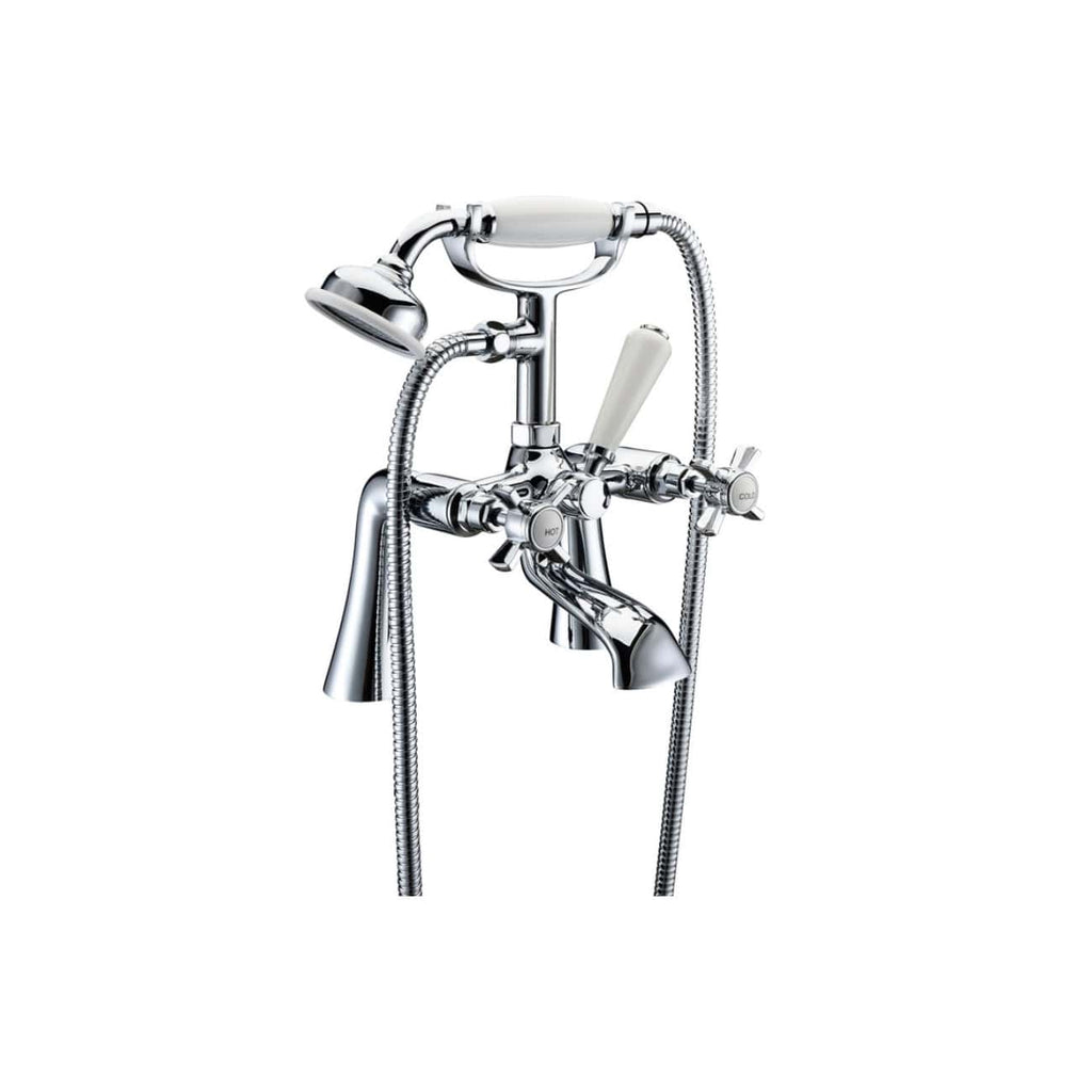 Shiny chrome vintage bathroom bath filler with handheld shower and dual controls, classic design, and flexible hose for versatile use. Perfect for traditional bathroom decor.