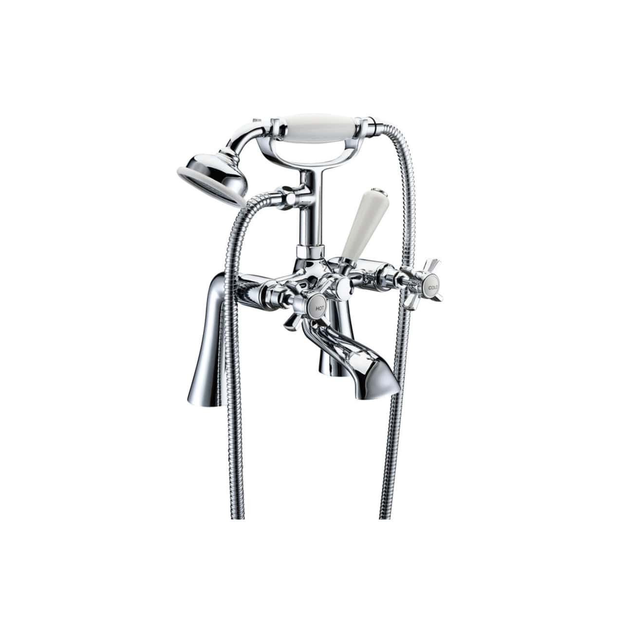 Shiny chrome vintage bathroom bath filler with handheld shower and dual controls, classic design, and flexible hose for versatile use. Perfect for traditional bathroom decor.