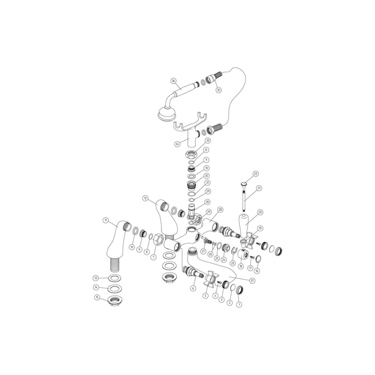 Vintage bathroom faucet repair parts diagram for Bubly Bathrooms, showcasing internal components, valves, seals, and connectors for plumbing maintenance and installation.