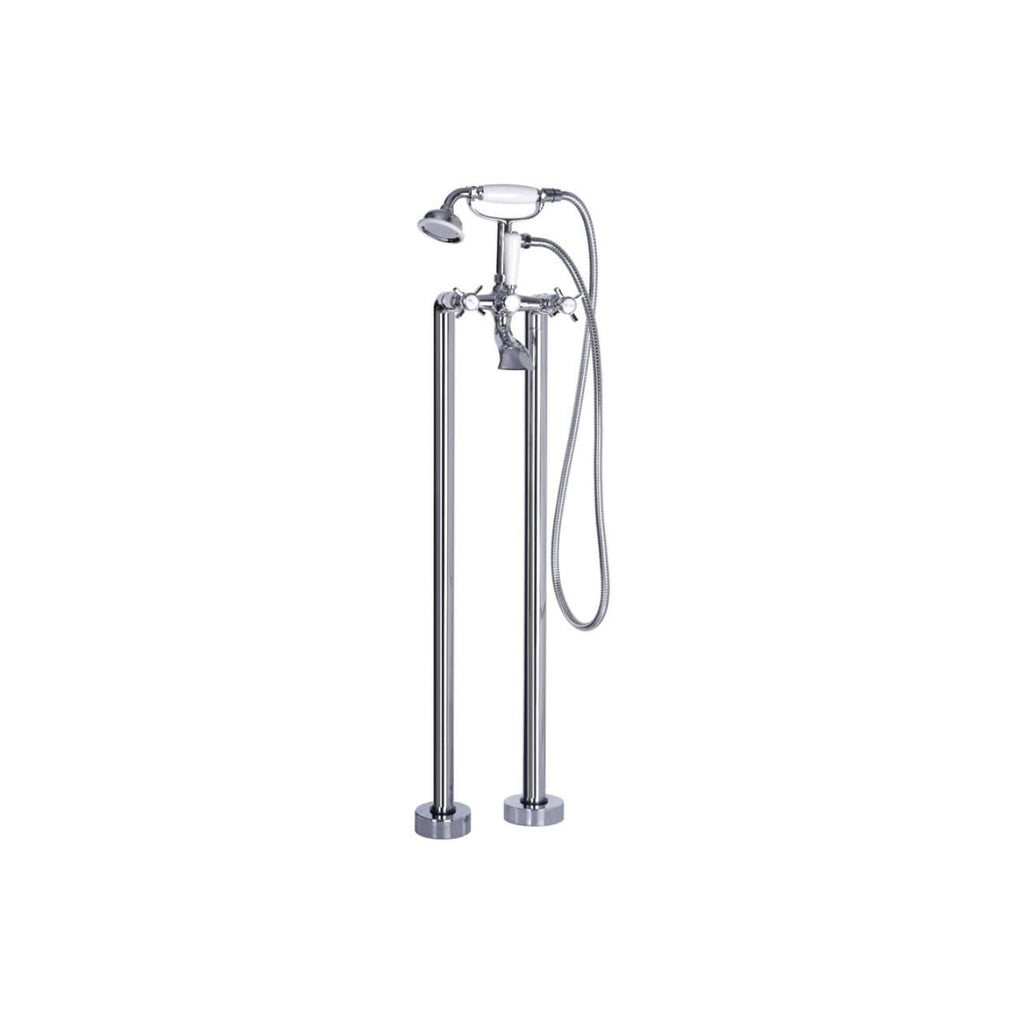 Polished chrome freestanding vintage-style shower floor column with handheld shower head and hose, ideal for luxurious bathroom upgrades and modern bathroom designs.