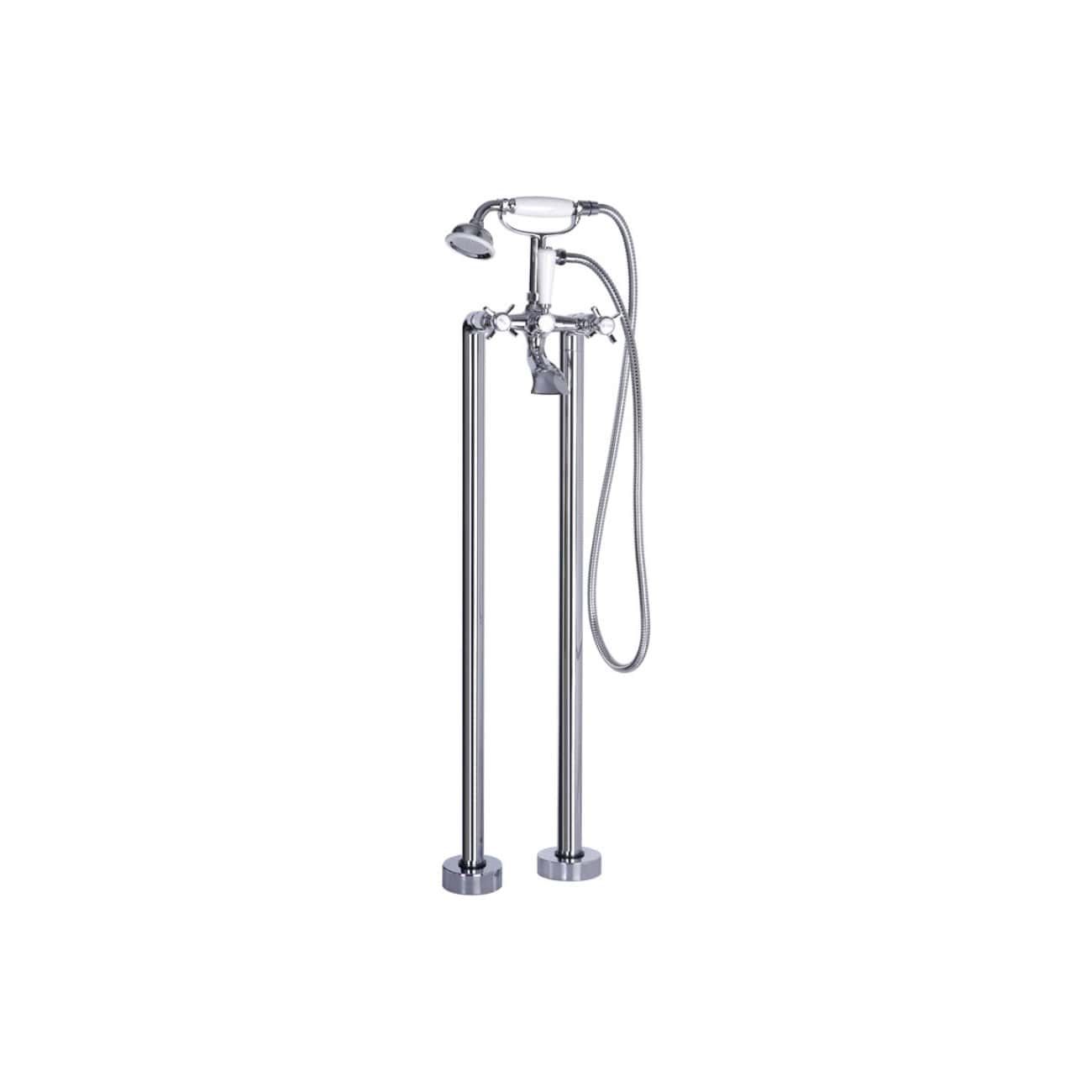 Polished chrome freestanding vintage-style shower floor column with handheld shower head and hose, ideal for luxurious bathroom upgrades and modern bathroom designs.