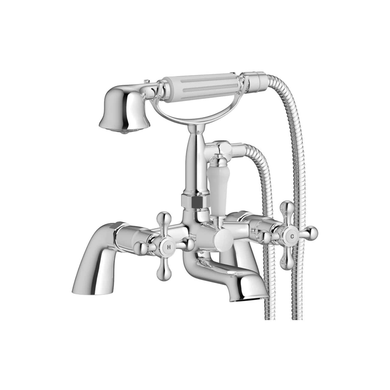 Chrome bathroom mixer tap with handheld shower head, wall-mounted vintage style plumbing fixtures, elegant design, and flexible shower hose for traditional or modern baths.
