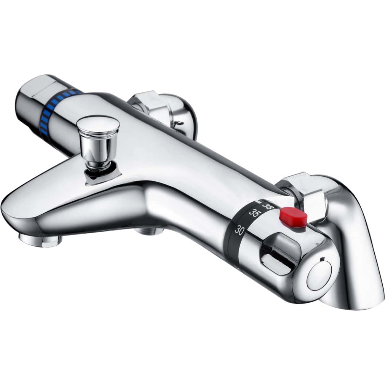 Brass bathroom tap with temperature control and blue and red indicators, modern plumbing fixture for washbasins or bathtubs.