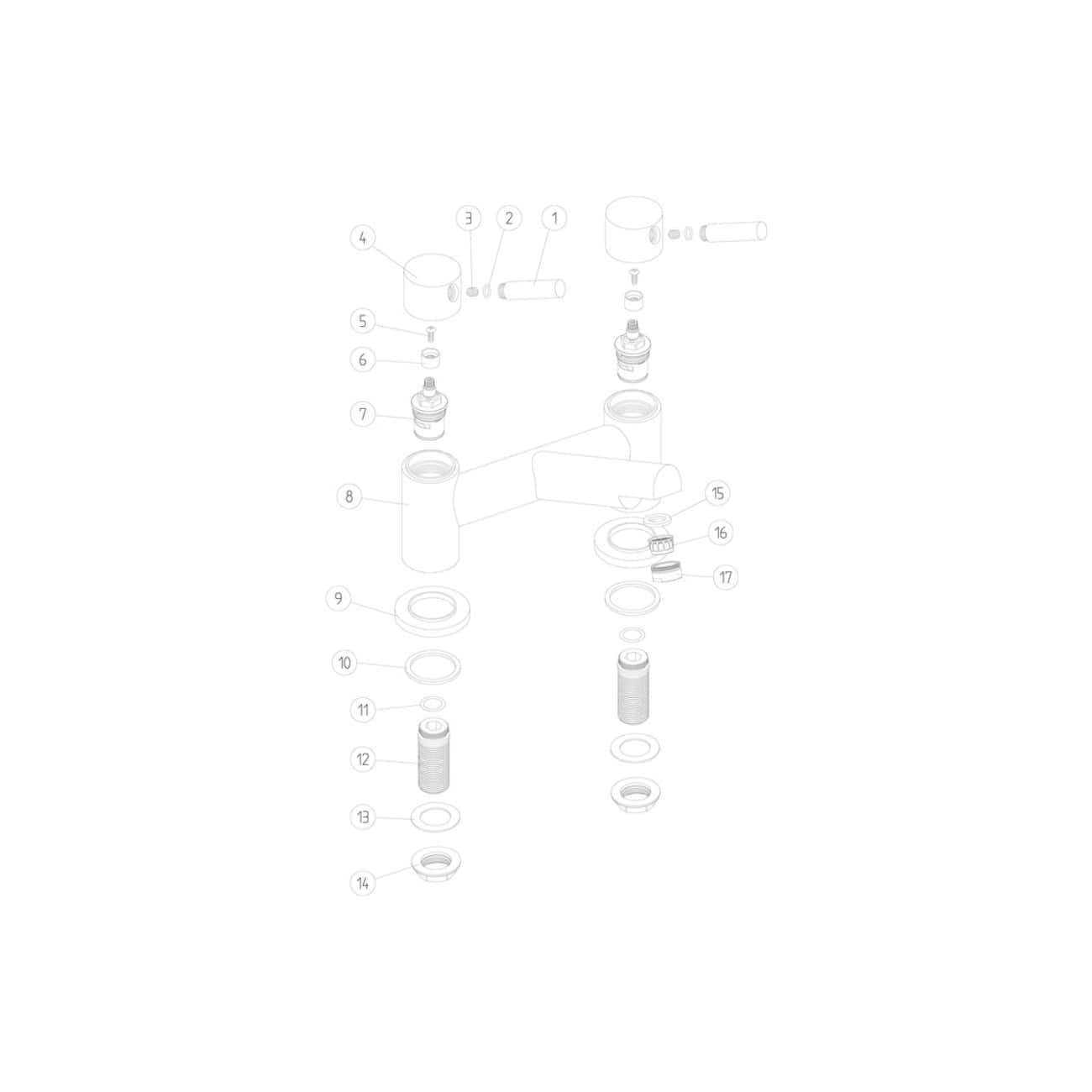 High-quality bathroom faucet parts diagram showing exploded view of Bubly Bathrooms fixtures, valves, seals, and components for plumbing and repair. Ideal for bathroom renovation and DIY plumbing projects.