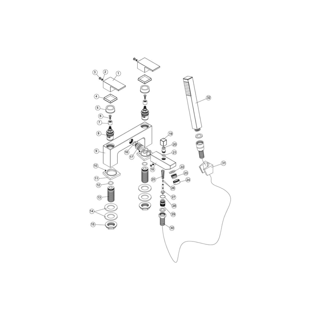 Modern bathroom fixtures and fittings illustration for Bubly Bathrooms, highlighting high-quality taps, showerheads, and accessories for stylish and functional bathroom design.