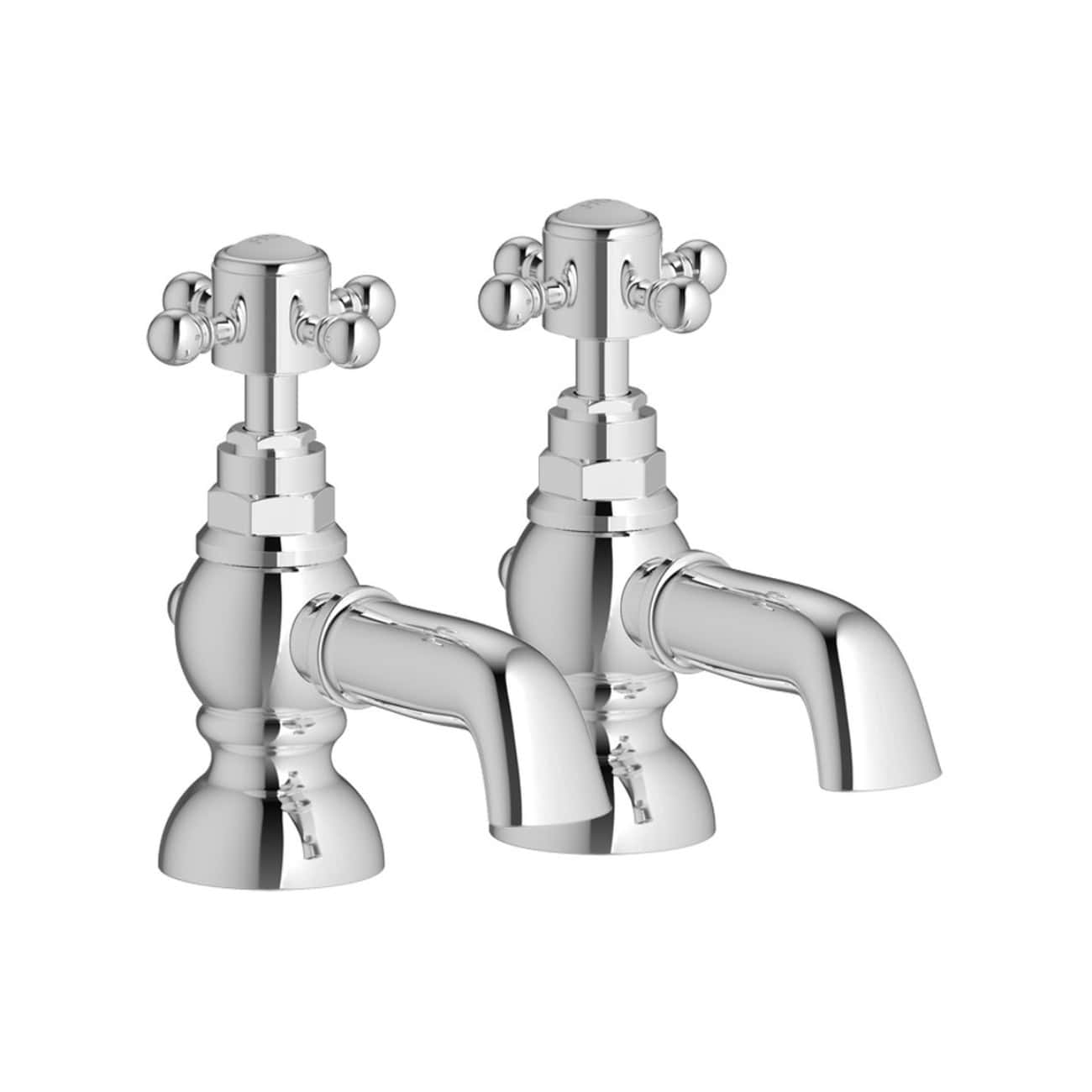 Polished chrome vintage-style bathroom sink taps with two separate handles, suitable for classic bathroom designs.