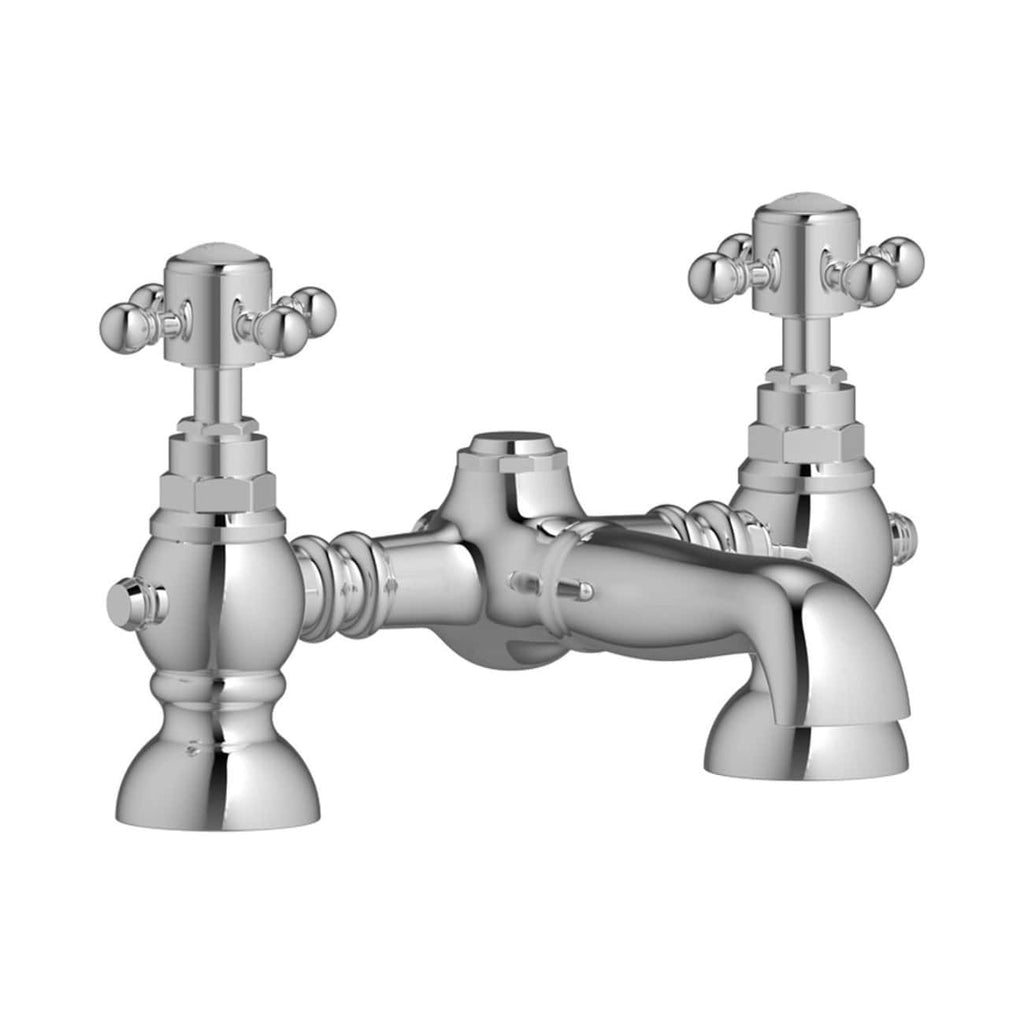 Silver bathroom sink tap with dual handles, vintage style, chrome finish.