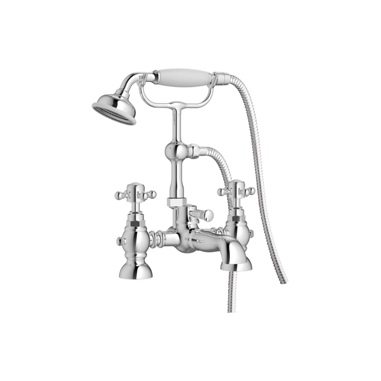 Polished chrome vintage bathtub hand shower with standpipe and dual cross handle taps for luxurious bathroom style.