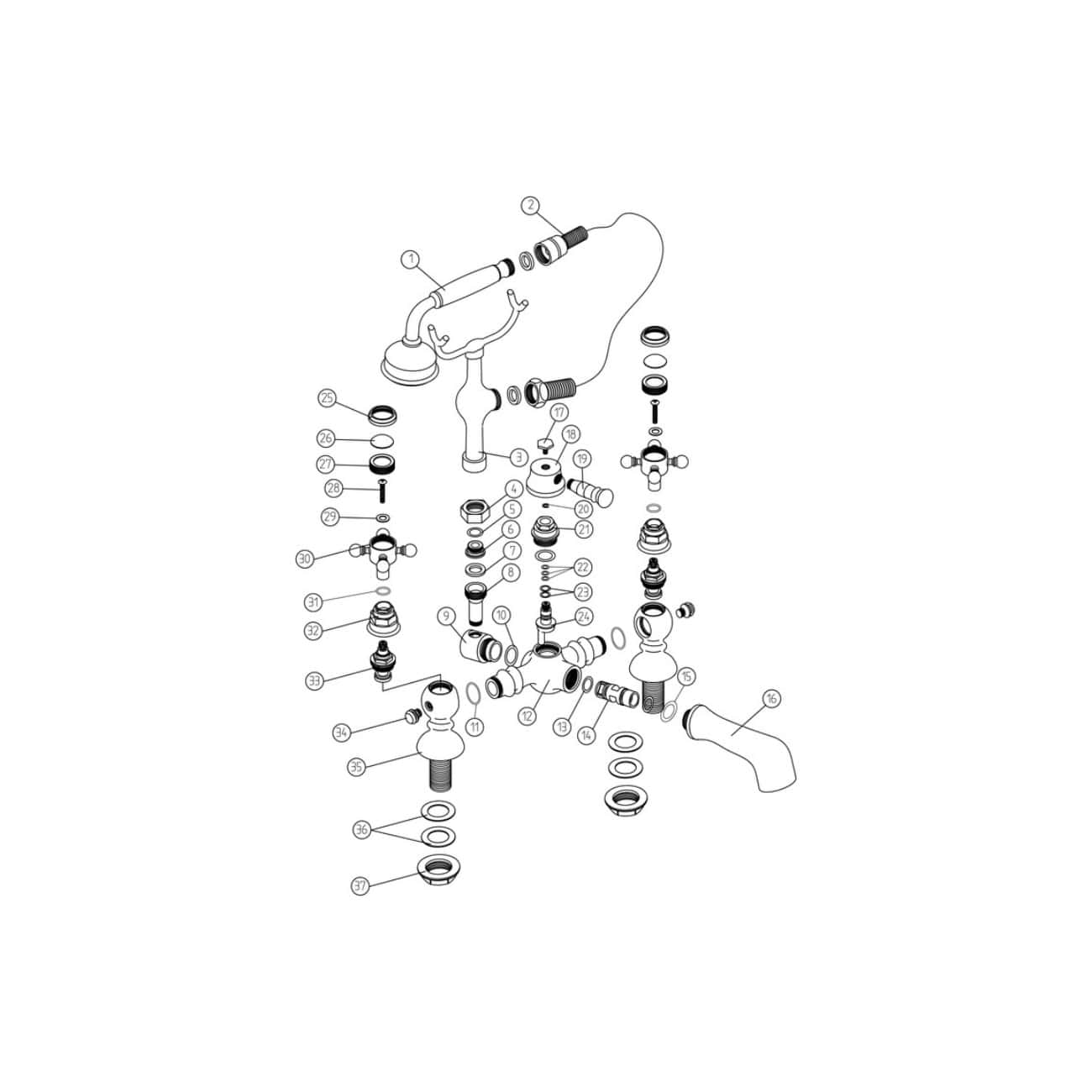 High-quality bathroom mixer tap parts diagram for Bubly Bathrooms UK – detailed exploded view of tap components for installation and repair.