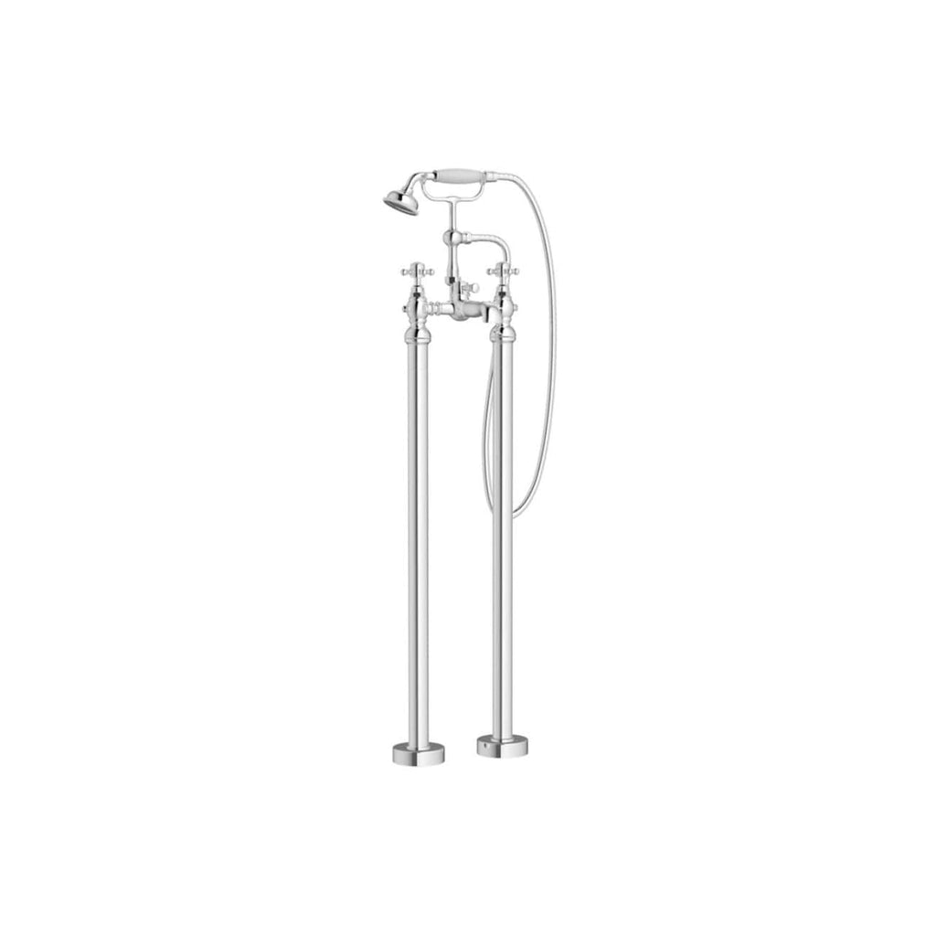 Modern vintage styled bath shower column with handheld shower head, temperature controls, and standpipe, in polished chrome finish for luxury bathroom renovation.