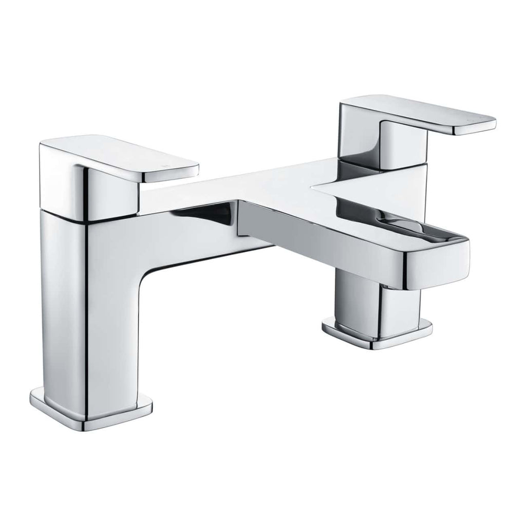 Polished chrome bathroom tap with modern geometric design, ideal for contemporary bathroom sinks and vanity units.