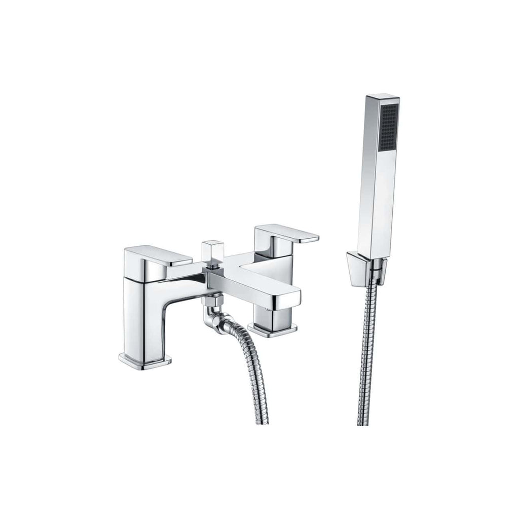 Sleek chrome bathroom mixer tap with matching handheld showerhead and flexible hose, ideal for modern bathrooms design and bathroom fixtures.