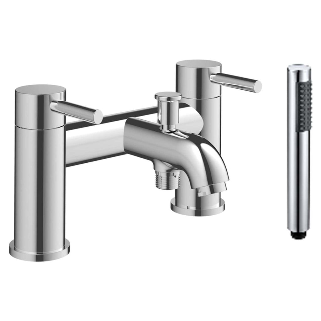 Shiny chrome bathroom mixer tap set with separate handheld shower attachment, modern design, chrome finish, ideal for contemporary bathroom renovations.
