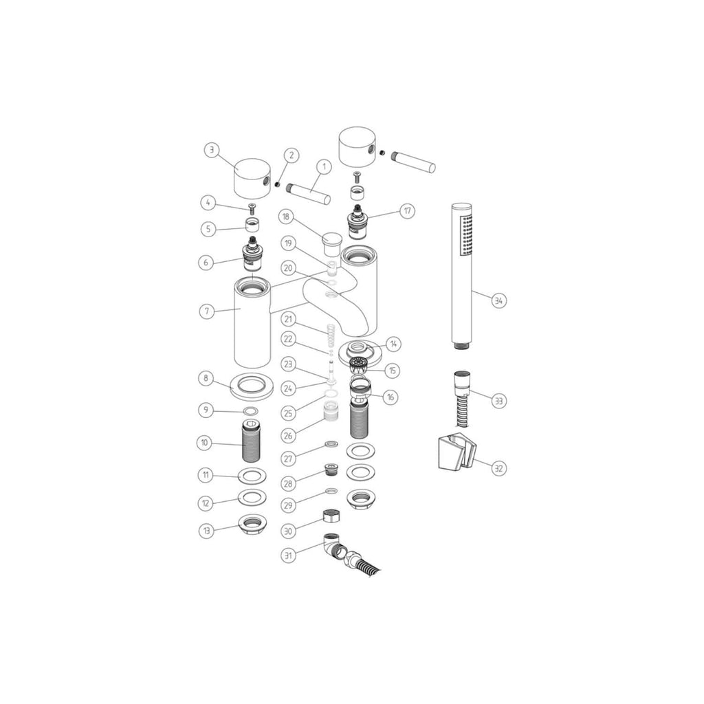 A plumbing diagram of a Bubly Bathrooms modern faucet assembly with detailed labelled components. Perfect for bathroom renovation projects and plumbing maintenance.