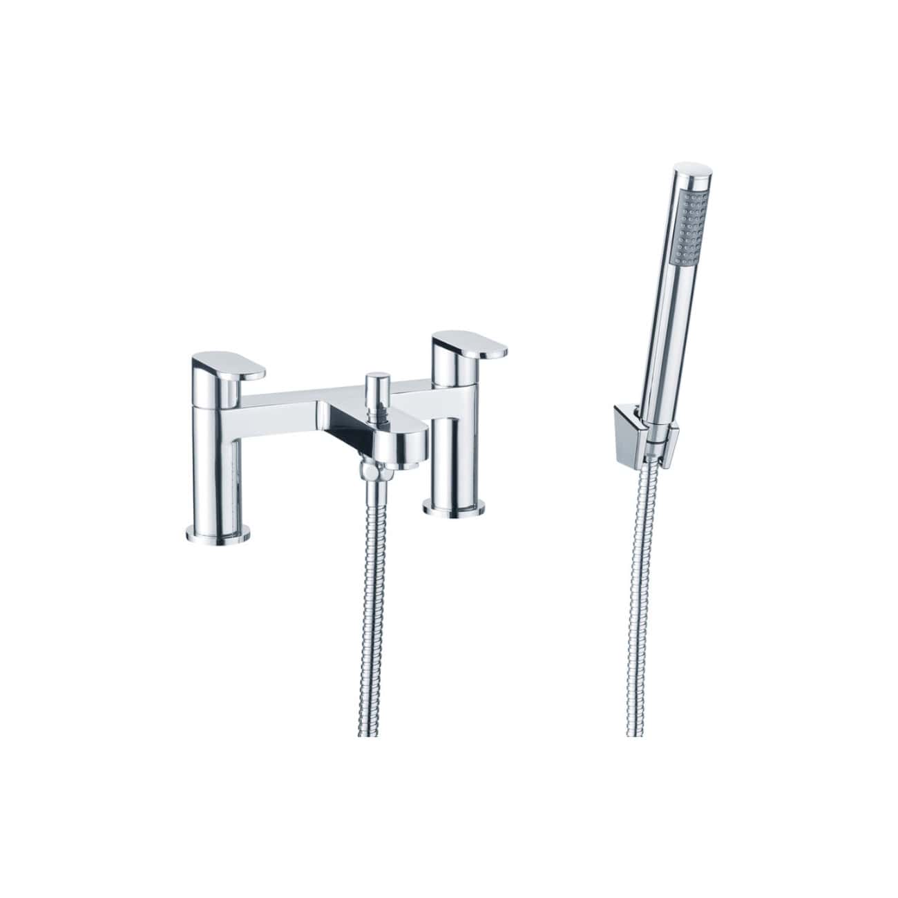 Sleek chrome bath tap with matching handheld shower attachment, ideal for modern bathroom setups. Durable, stylish design enhances bath aesthetics and functionality.