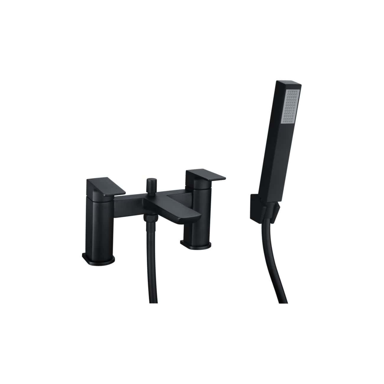 Modern black bath shower mixer tap with handheld shower head for contemporary bathroom renovations.