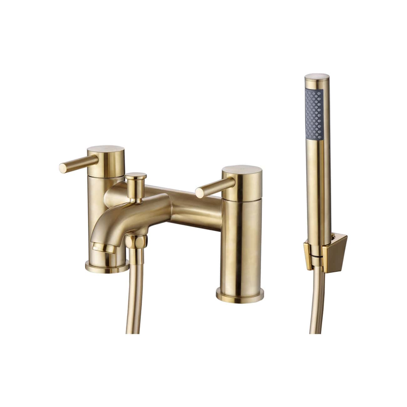 Elegant gold bathroom tap set with matching handheld shower, modern design, perfect for luxury bathrooms, high-quality fixtures, stylish and durable, designed for convenience and aesthetic appeal.