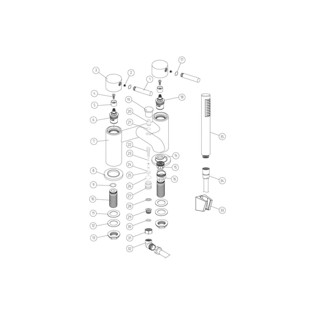 High-quality exploded view diagram of a modern bathroom mixer tap from Bubly Bathrooms, showcasing detailed internal components and assembly for DIY installation and repair.