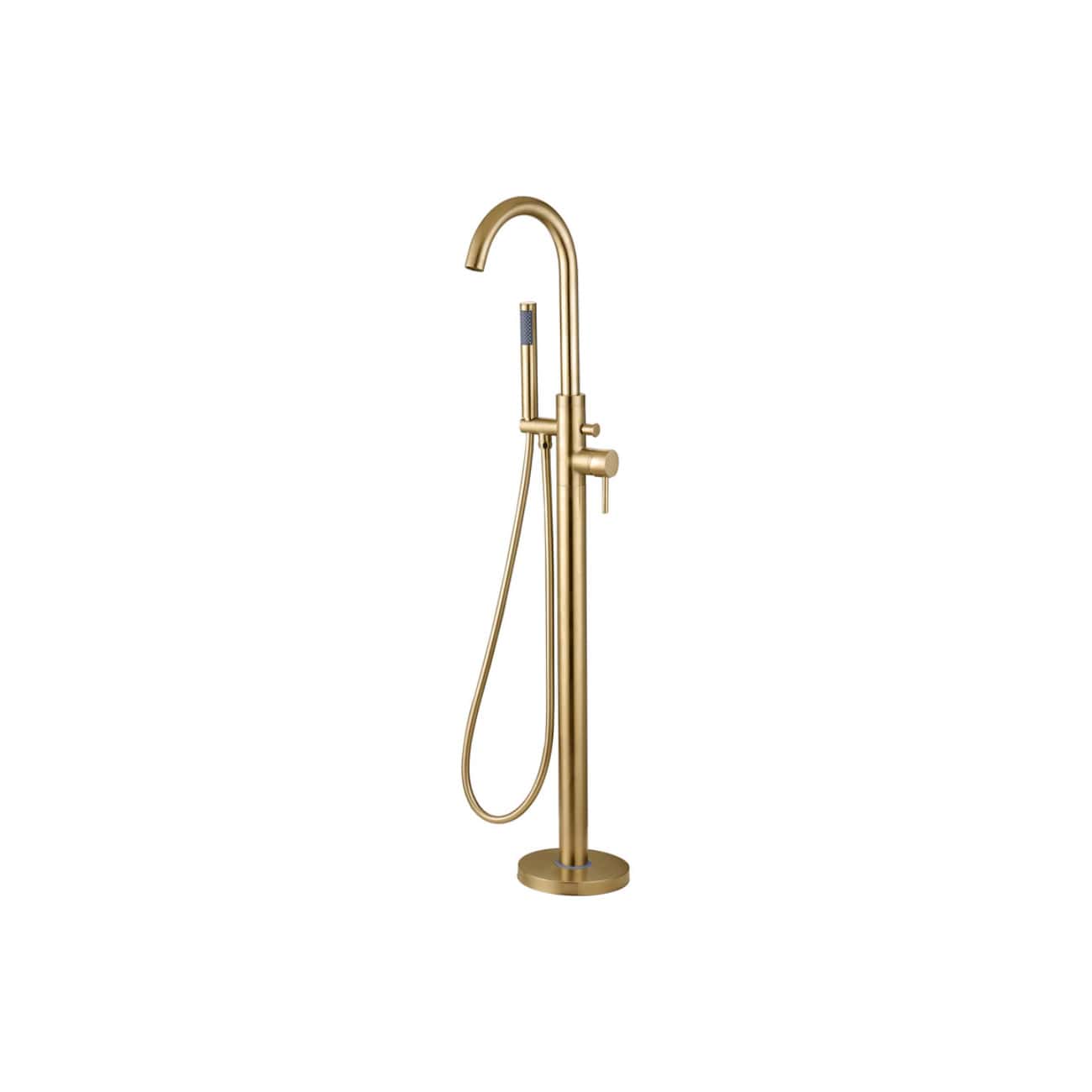 Golden freestanding bathroom faucet with hand shower, modern design, polished finish, suitable for luxurious bathroom decor, high-quality fixture from Bubly Bathrooms.
