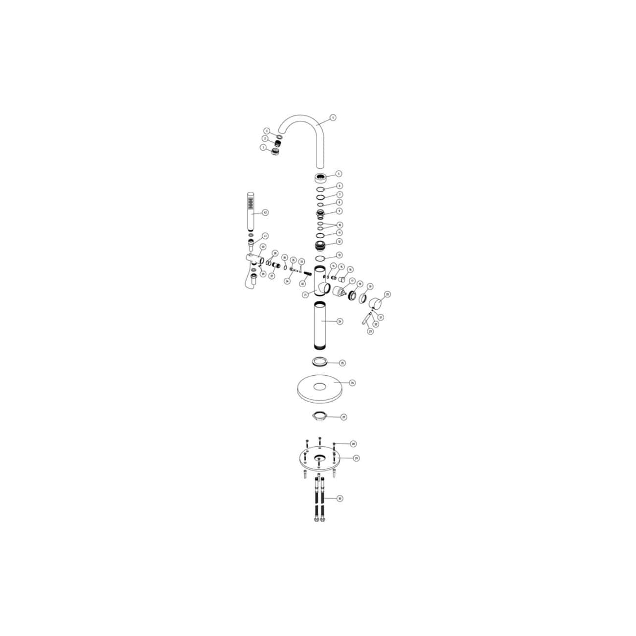 High-quality exploded view of Bubly Bathrooms kitchen sink faucet parts, showcasing detailed assembly components for optimal bathroom plumbing installation.