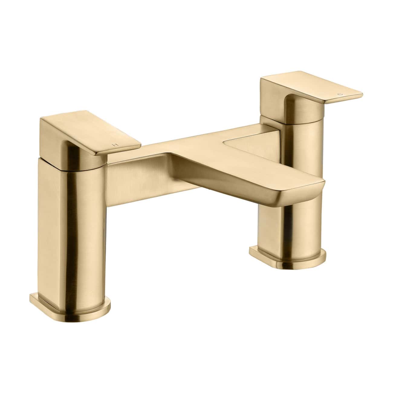 Sleek gold bathroom mixer tap with modern geometric design and dual handles for precise water control, perfect for contemporary bathroom interiors.