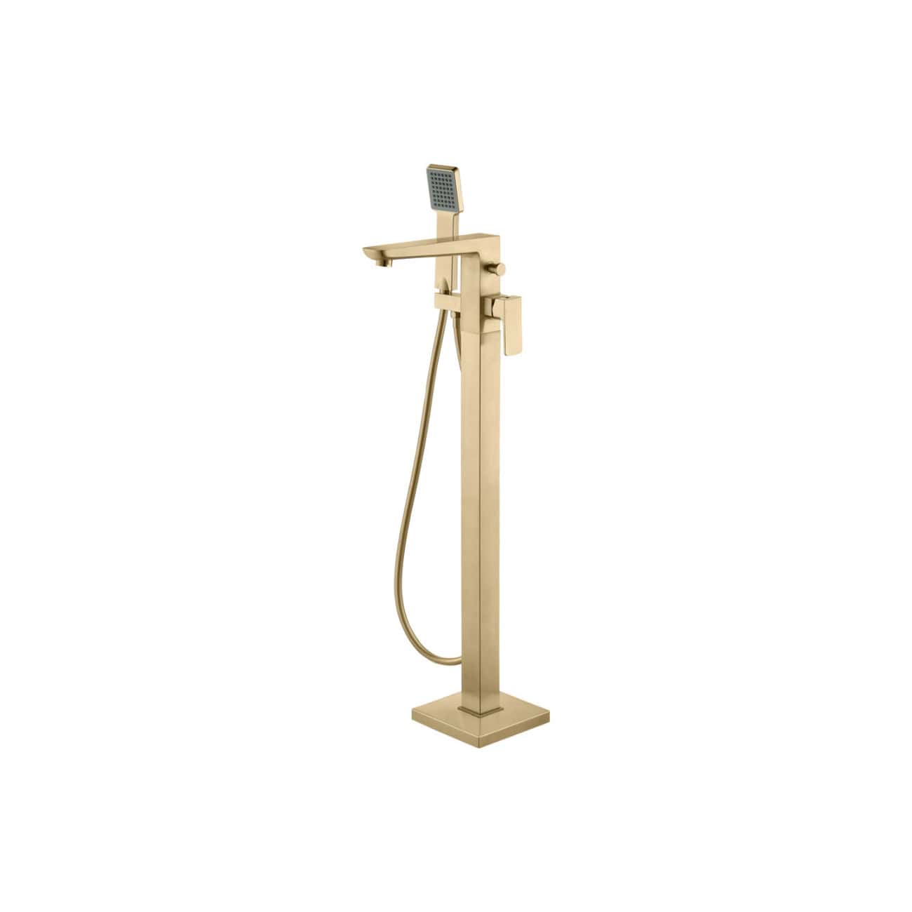 Luxury gold freestanding bathroom shower mixer with handheld sprayer, modern design, and sleek finish for stylish bathroom upgrades.
